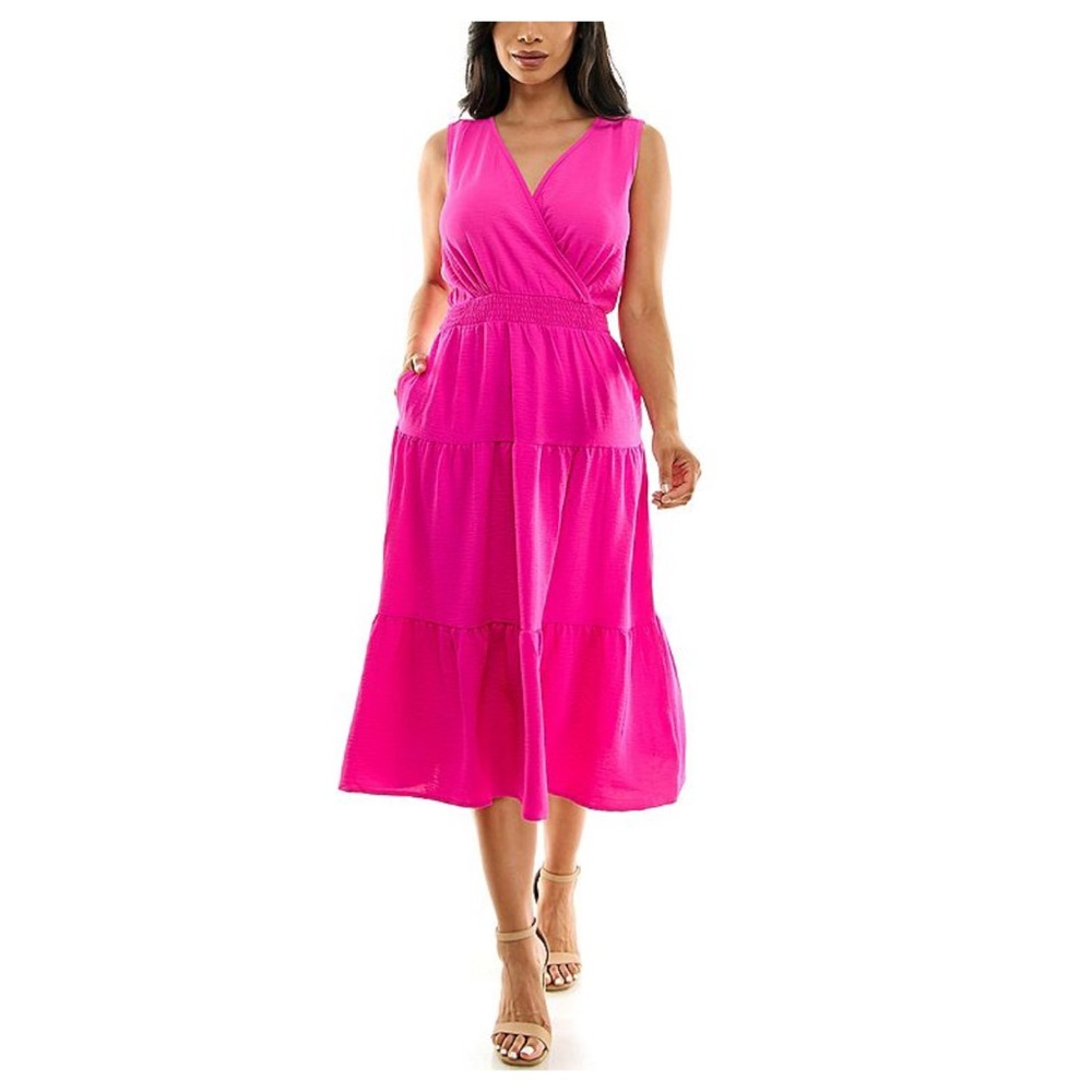 Nina Leonard Sleeveless V-Neck Tiered Midi Dress - Hot Pink
